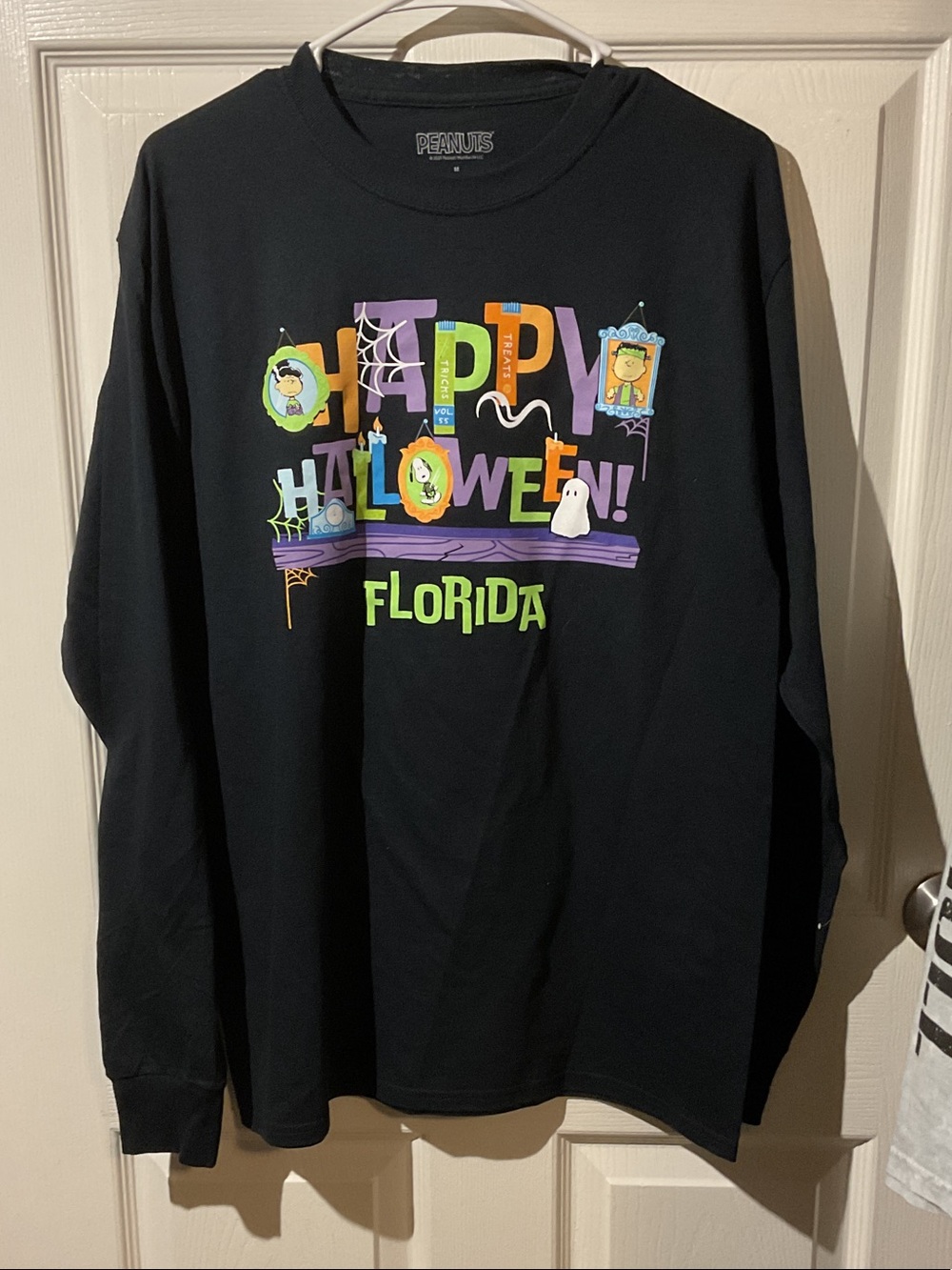 Peanuts Black Long Sleeve Tee with Colorful Halloween Graphic